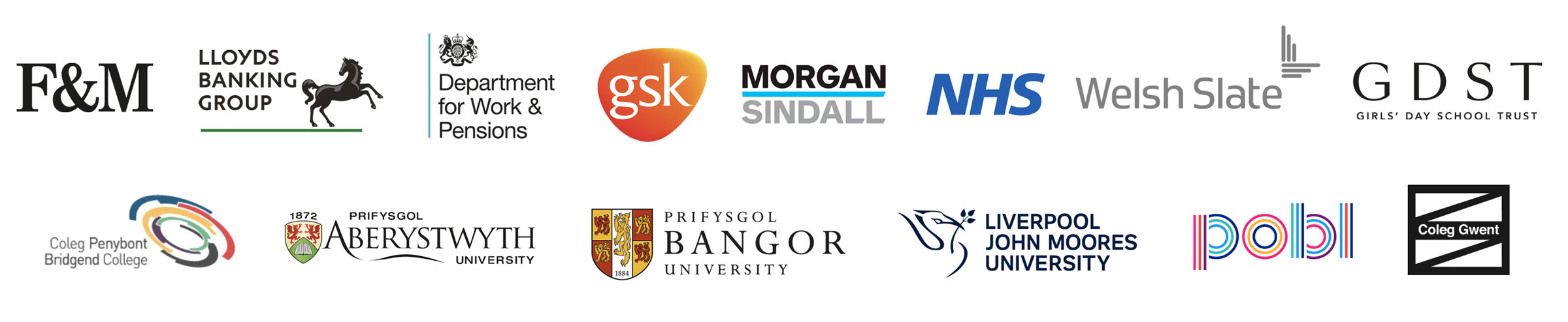 Fortnum & Mason, Lloyds Banking Group, Department for Work & Pensions, GSK, Morgan Sindall, NHS, Welsh Slate, Girls’ Day School Trust, Bridgend College, Aberystwyth University, Bangor University, Liverpool John Moores University, POBL, Coleg Gwent